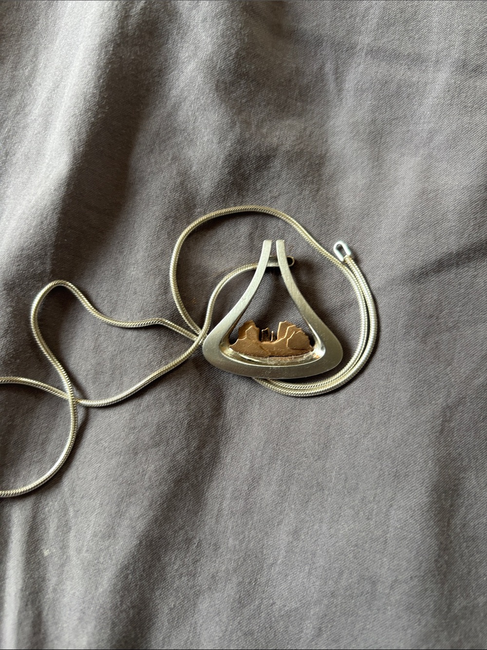 Sedona landscape Cathedral rock, brass and silver Pendant Necklace with Texture
